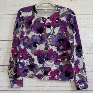 Charter Club Purple Floral Pattern Cardigan Sweater, size Large